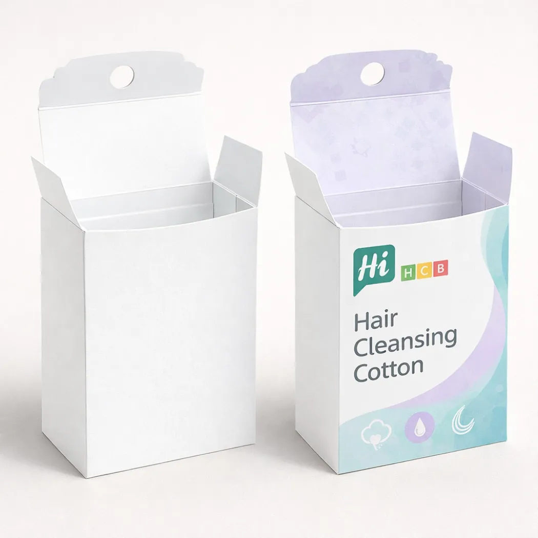 Two open hair cleansing cotton boxes with decorative scalloped edges and circular hanging punch holes- class=